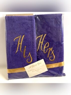 Vtg Purple His Hers Gold Embroidered Guest Hand Towels MCM Bathroom Powder Room